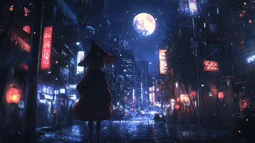 Solitary witch silhouette in neon soaked nocturnal city street