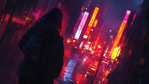 Neon rainwalker crossing a dream-soaked cyber alleyway.