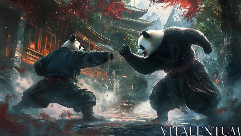 Martial artist pandas duel in cinematic temple courtyard scene