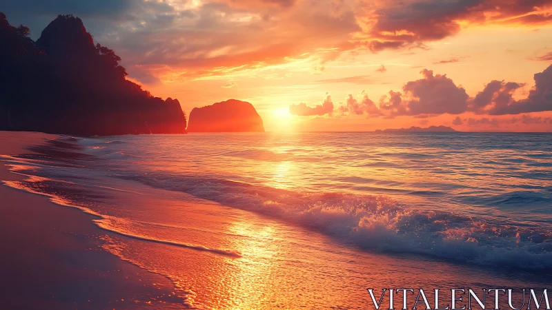 Sunset-tinted shoreline where molten light kisses waves.