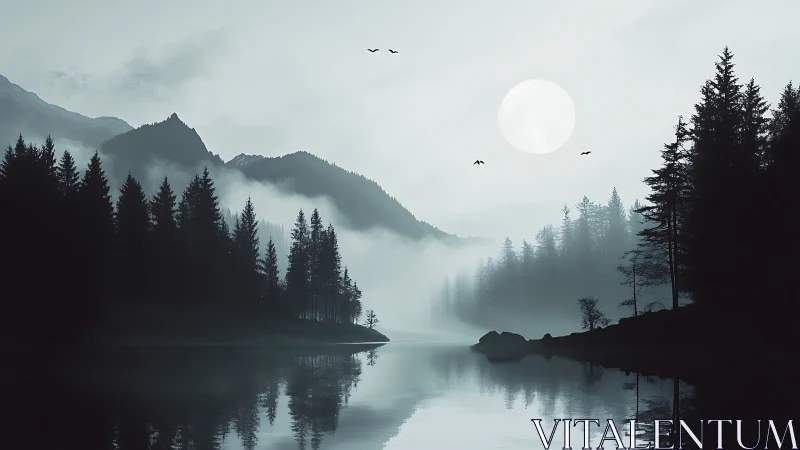 Calm misty mountain lake under full moonlight at dusk.