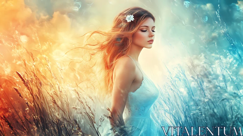 Ethereal woman between firelight and frostlit meadow fields.