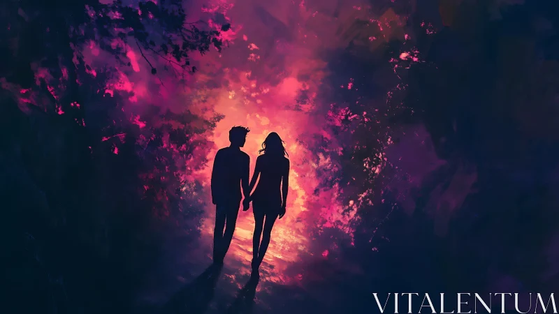 Silhouetted Couple Against Radiant Neon Explosion.