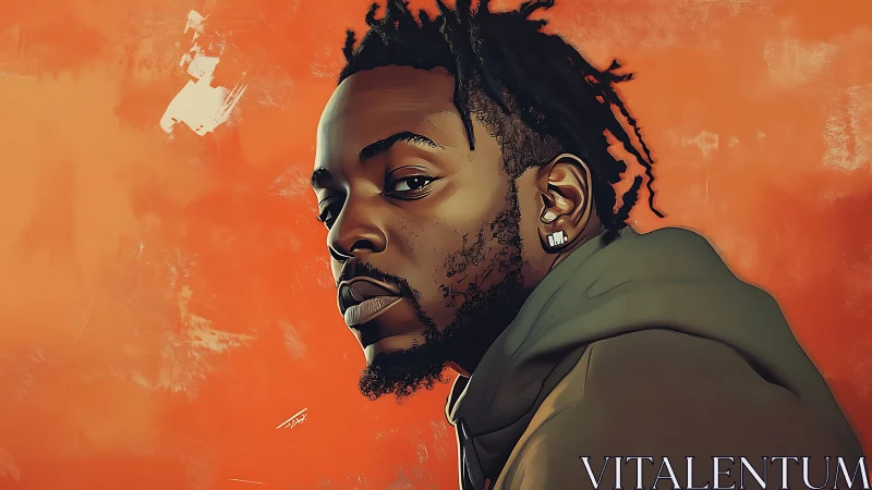 Digital portrait of man in hoodie on textured orange wall.