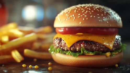 Cheeseburger with fries on wooden surface in close view.