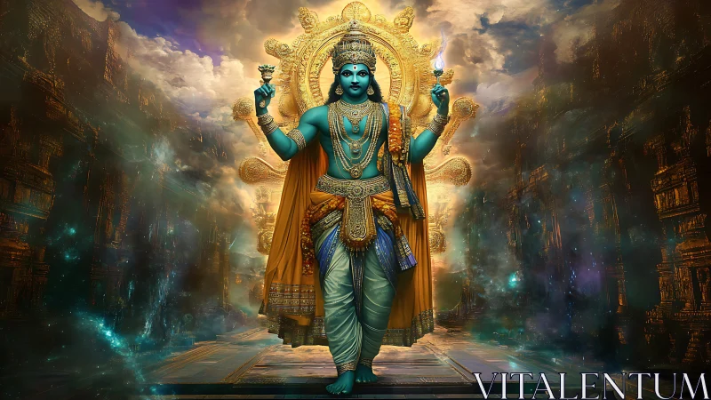 Celestial blue deity strides through swirling golden cosmos