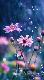 Pink Cosmos Dancing Through Summer Rainfall.