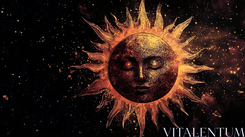 Solar deity face glows in a cosmic field of embers