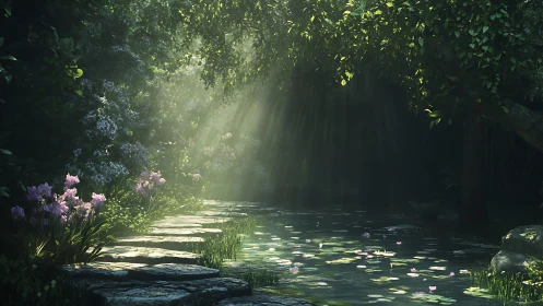 Sunlit lily pond and stone path in a hush of secret green.