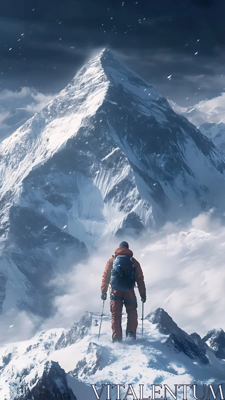 Solitary mountaineer facing towering snow peak summit.