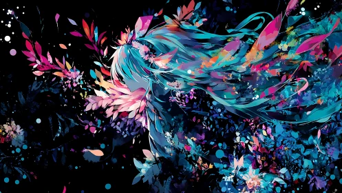 Dreamlike anime girl dissolves into neon floral bursts.