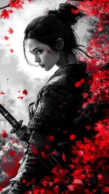 Fierce samurai woman meets autumn storm of crimson leaves
