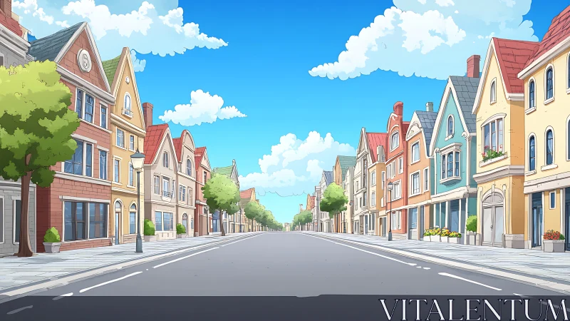 Empty small-town street with stylized gabled buildings.