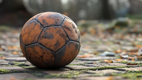 Weathered leather soccer ball on mossy cobblestone path.