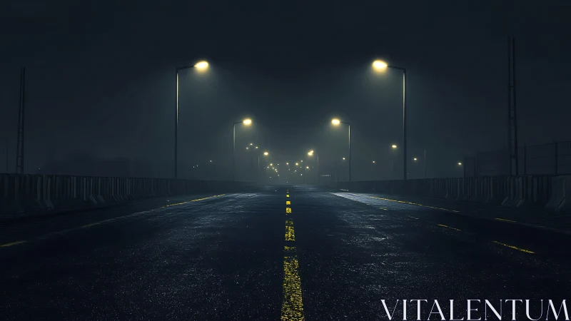 Quiet midnight highway under misty glowing streetlights.