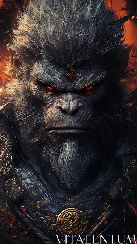 Mythic simian warrior portrait with burning ember eyes.