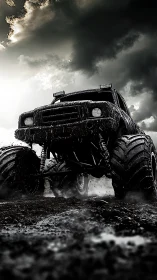 Roaring monster truck climbing through stormy mud skies.