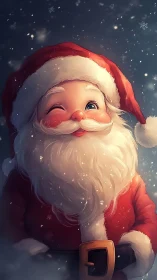 Cartoon Santa portrait with wink in falling snow.