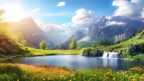 Sunlit alpine lake reflects snowcapped mountains and meadow