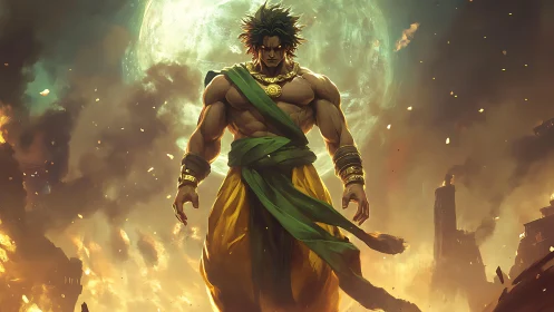 Muscular figure stands before moon amid burning ruins