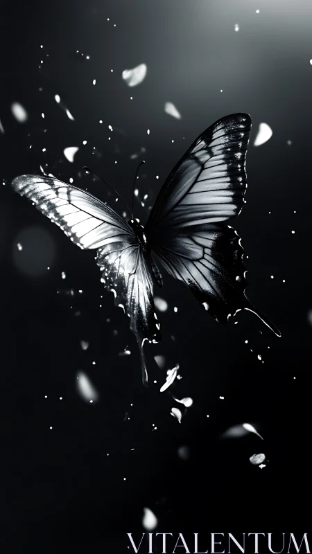 Monochrome butterfly shimmers amid drifting white petals.
