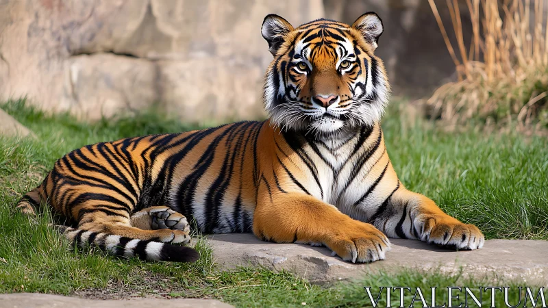 Calm striped tiger resting in soft afternoon sunshine.