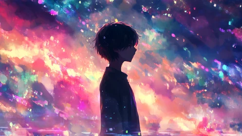 Chromatic silhouette of contemplative youth in nebular glow.