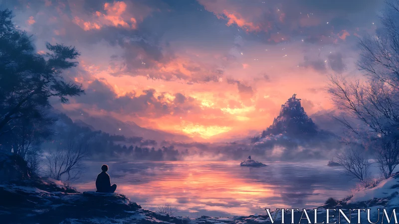 Atmospheric lake sunset with meditative silhouette and peak.