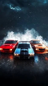 Three muscle cars advance in formation on wet reflective road
