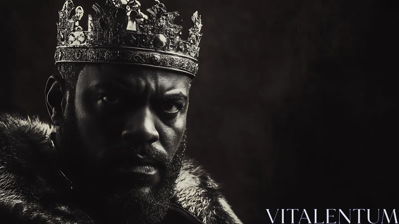Brooding king in ornate crown stares through dramatic shadow.