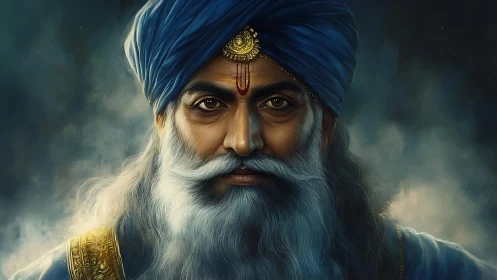 Stormlit turbaned elder studies the viewer with calm fire