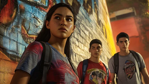 Teen trio under graffiti wall in tense urban sunlight.