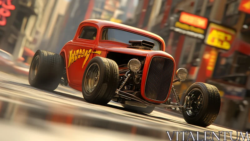 Bold red hot rod rolls through a bright city street
