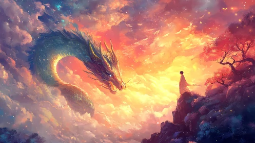 Celestial dragon meets lone figure in blazing sunset sky.
