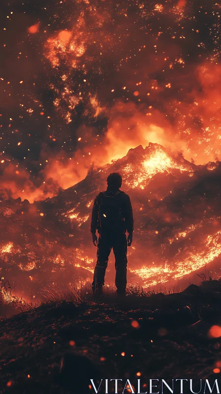 Silhouetted Figure Confronting Volcanic Eruption.