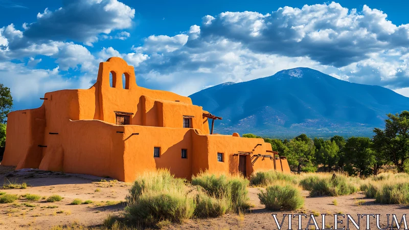 Adobe-style desert dwelling with mountain backdrop under clouds.