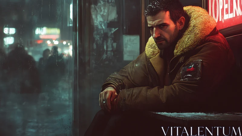 Man in heavy coat sits indoors beside wet city window