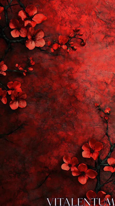 Crimson Blossoms Against Weathered Texture Deep Red Floral Study