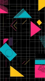 Playful neon geometry dancing across a retro grid night.