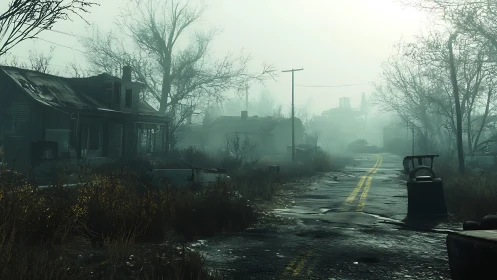 Foggy abandoned street with decayed rural houses at dawn.