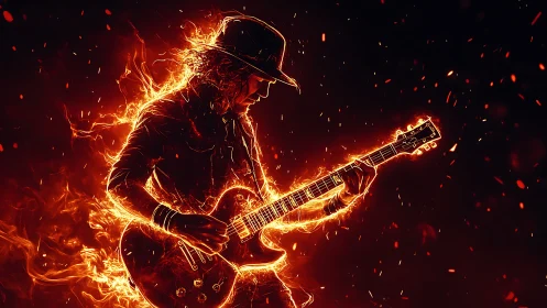 Fiery Guitarist Silhouette Engulfed in Explosive Golden Flames.