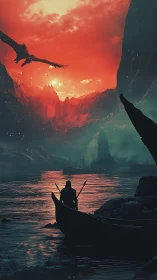 Lone warrior confronts dragon over bloodred volcanic fjord