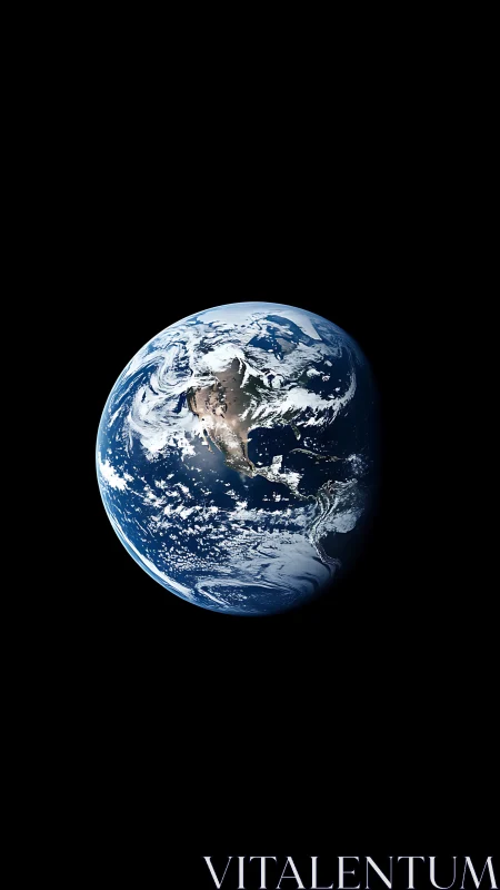 Earth viewed from space showing cloud bands and continents.