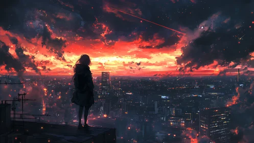 Backlit silhouette surveys neon city under incendiary sunset sky