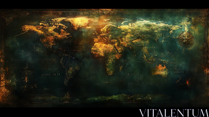 Vintage world map illustration with glowing continents.