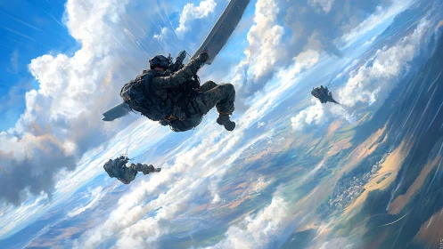 Military paratroopers descending through bright cloudscape.