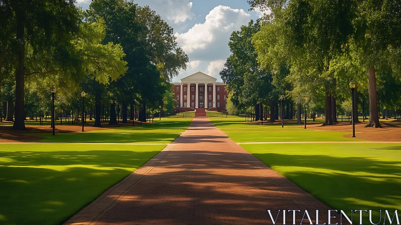 Red brick campus building framed by trees and central path