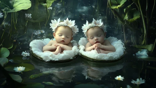 Twin infants rest in floral cradles on reflective water surface