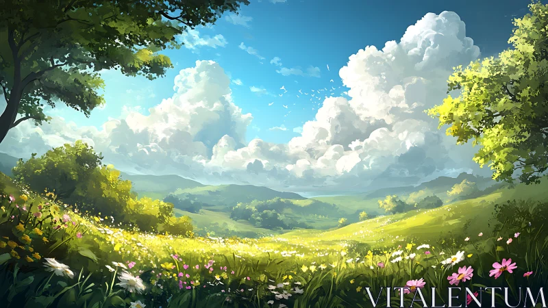 Digital landscape of flowered meadow under cumulus clouds.