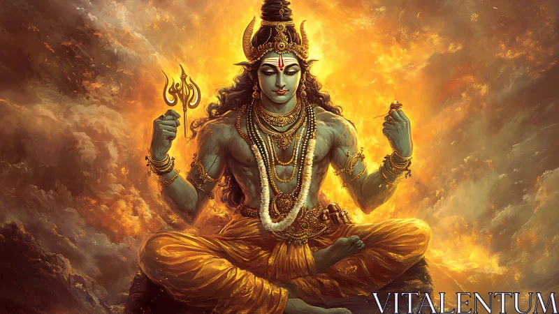 Shiva sits in blazing golden aura with trident raised